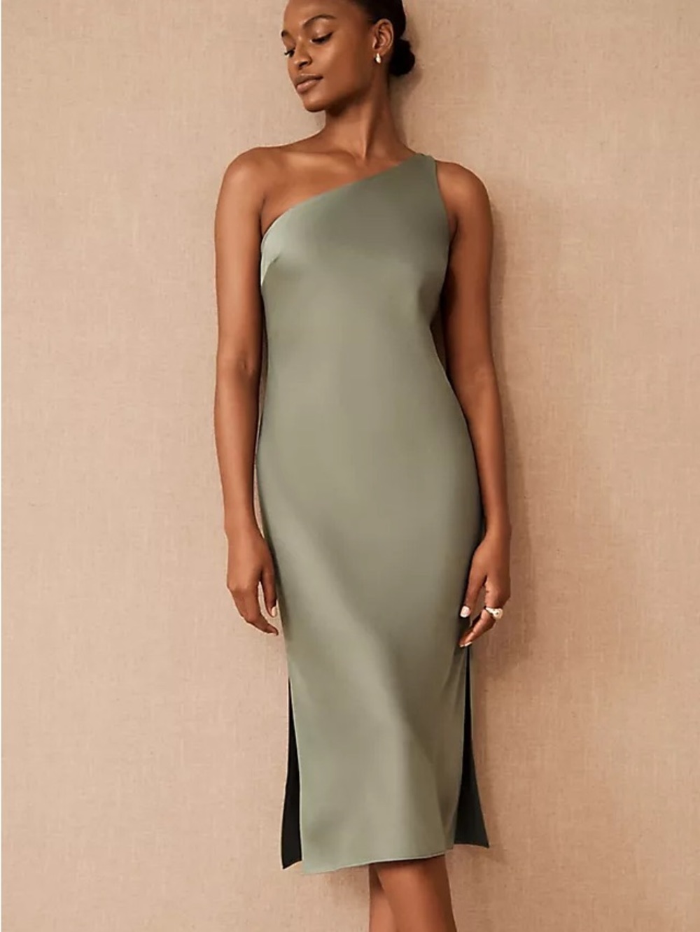 BHLDN Olive One-Shoulder Midi Dress